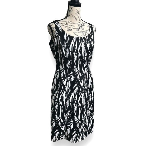 Tahari Women's Petite 4P Black White Abstract Sleeveless Midi Dress Work Artsy - Picture 3 of 10